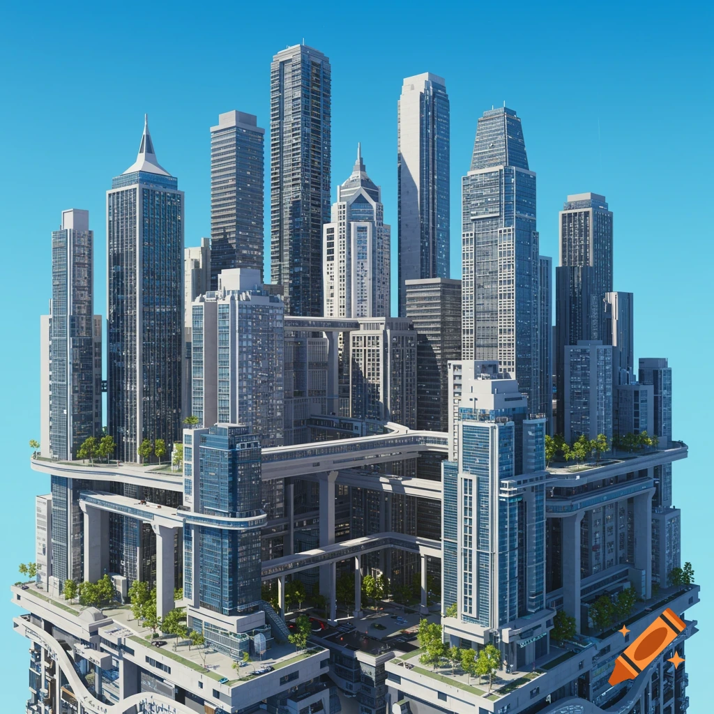 A dense, vertical cityscape with numerous skyscrapers and elevated pathways under a clear blue sky.