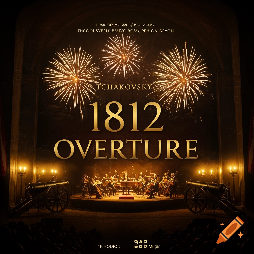 A dramatic classical music concert poster for Tchaikovsky's 1812 Overture with orchestra, cannons, and fireworks.