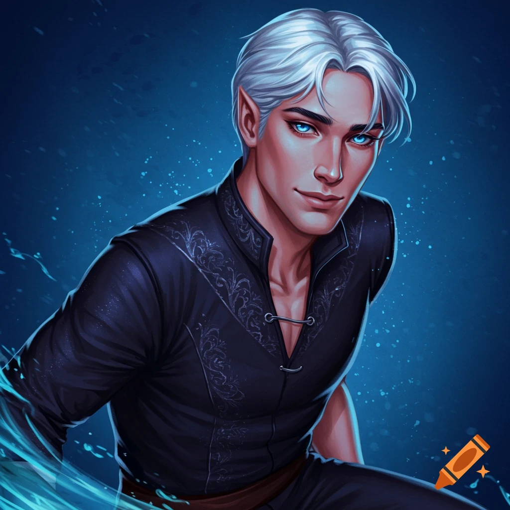 A fantasy character with white hair, blue eyes, and pointed ears, wearing a dark patterned outfit and surrounded by blue energy.