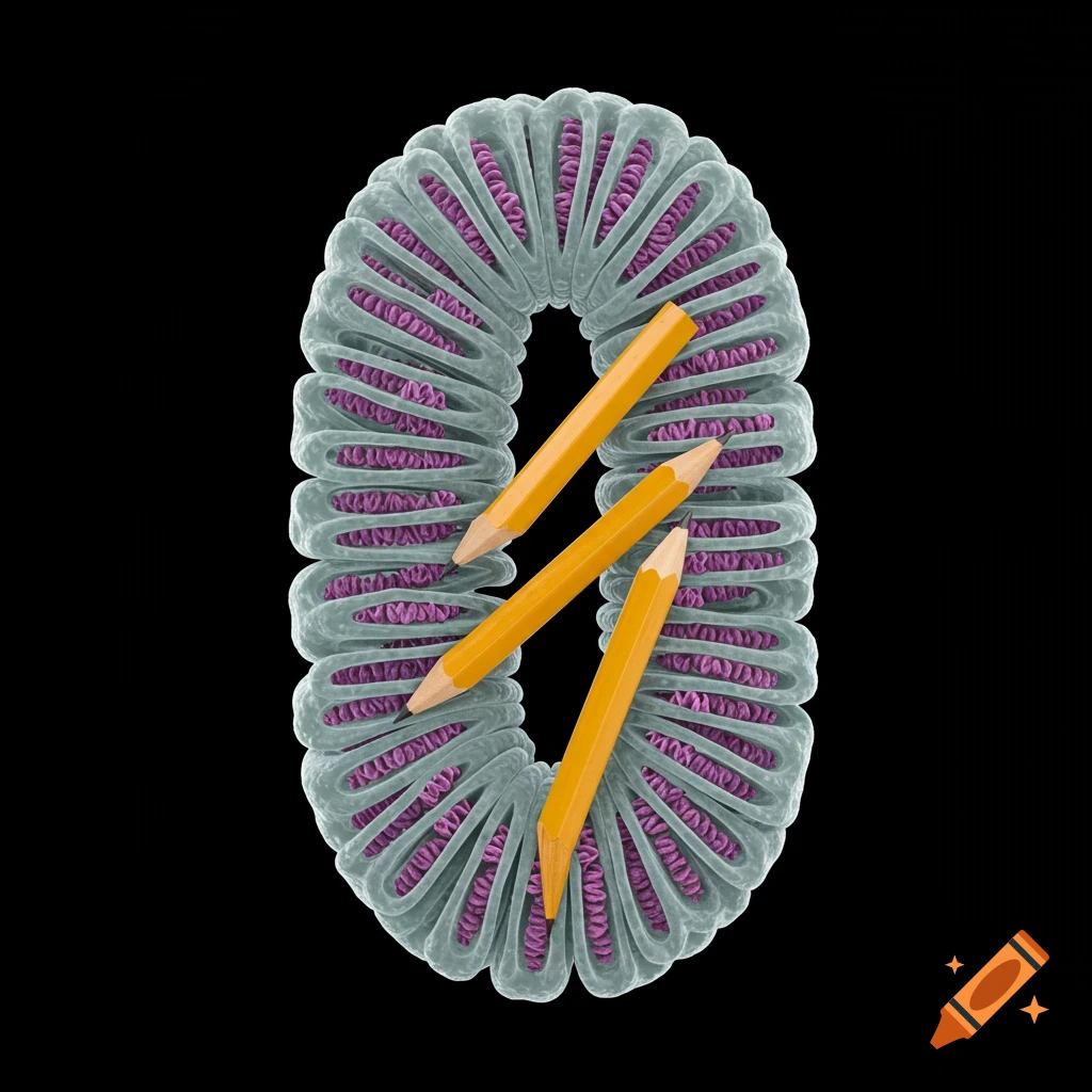 A scientific illustration of a mitochondria-like structure with folded yellow pencils replacing internal folds, on black background.