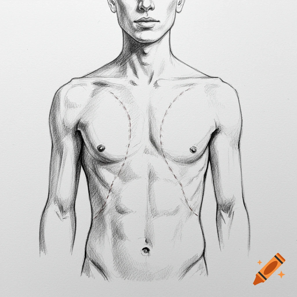 A black and white pencil sketch of a person's upper torso with dotted lines indicating surgical incisions.