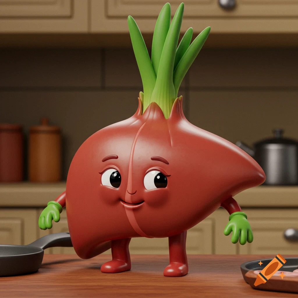 Cartoon character resembling a red onion or liver, standing in a kitchen.