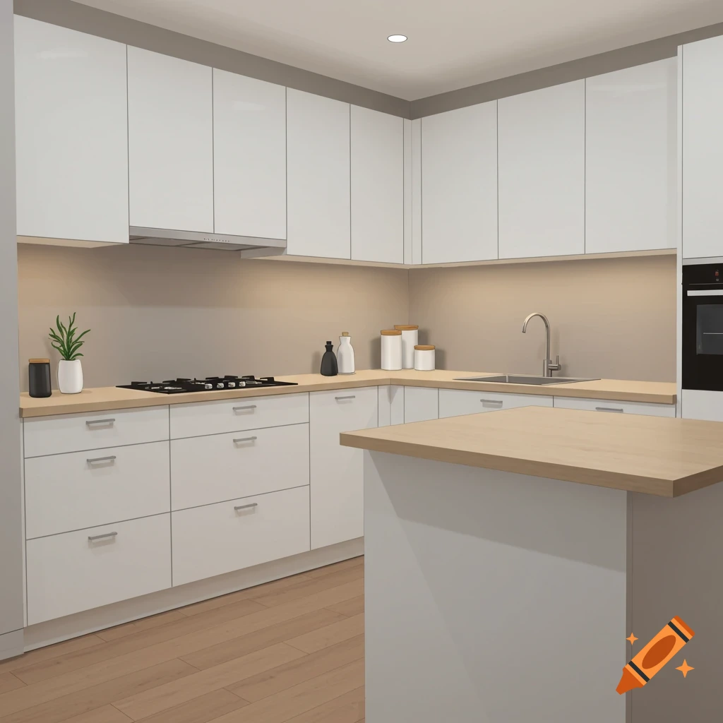 A modern kitchen with white cabinets, wood countertops, and a kitchen island.