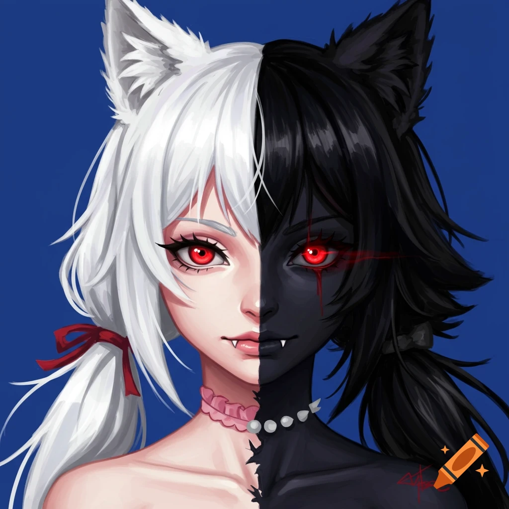A split portrait of an anime girl with white cat features on one side and dark wolf features on the other.