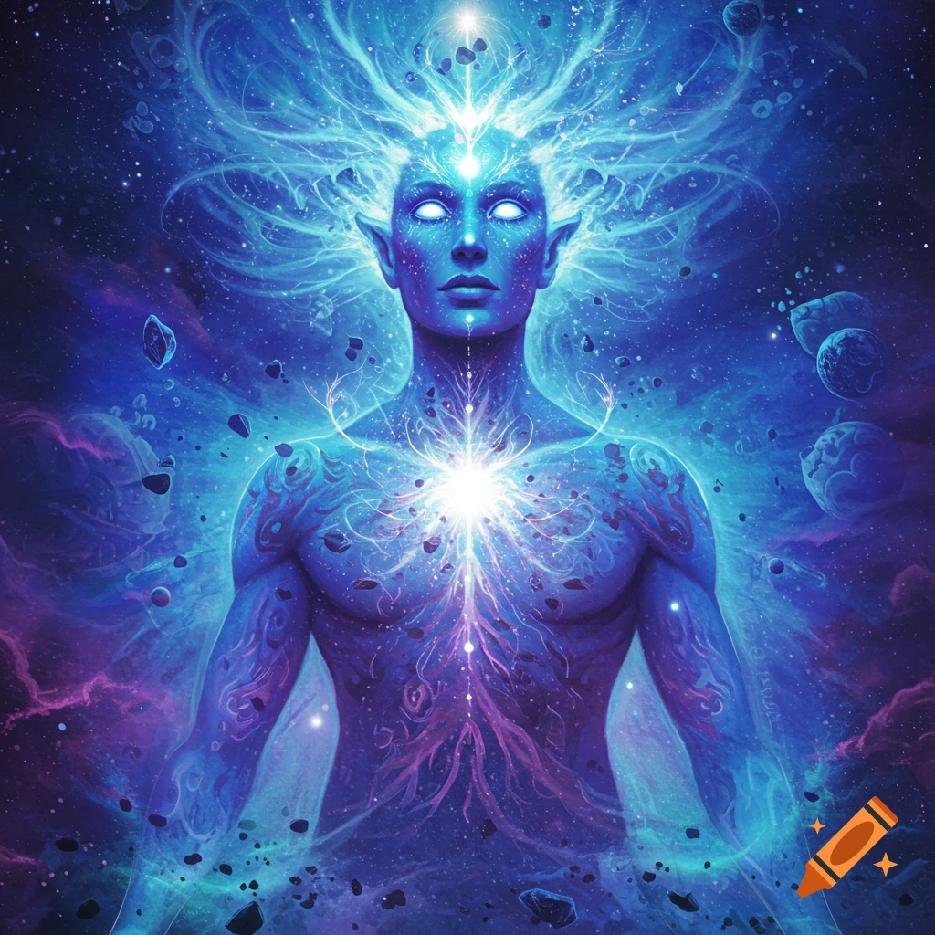 A cosmic being glowing with energy amidst stars and nebulae.