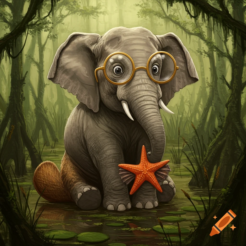 An elephant with glasses and a flat tail is holding a starfish while sitting in a swamp.