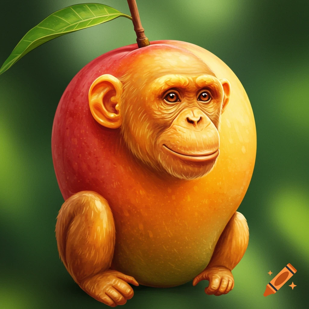 A chimpanzee merged with a mango, sitting on a branch.