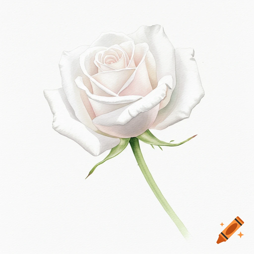Watercolor painting of a single white rose with a green stem on a white background.