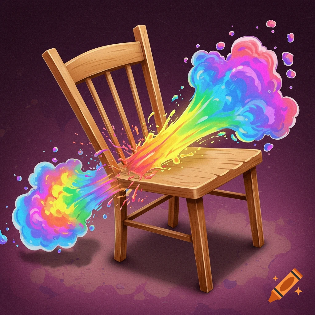 A wooden chair with rainbow colored blasts.