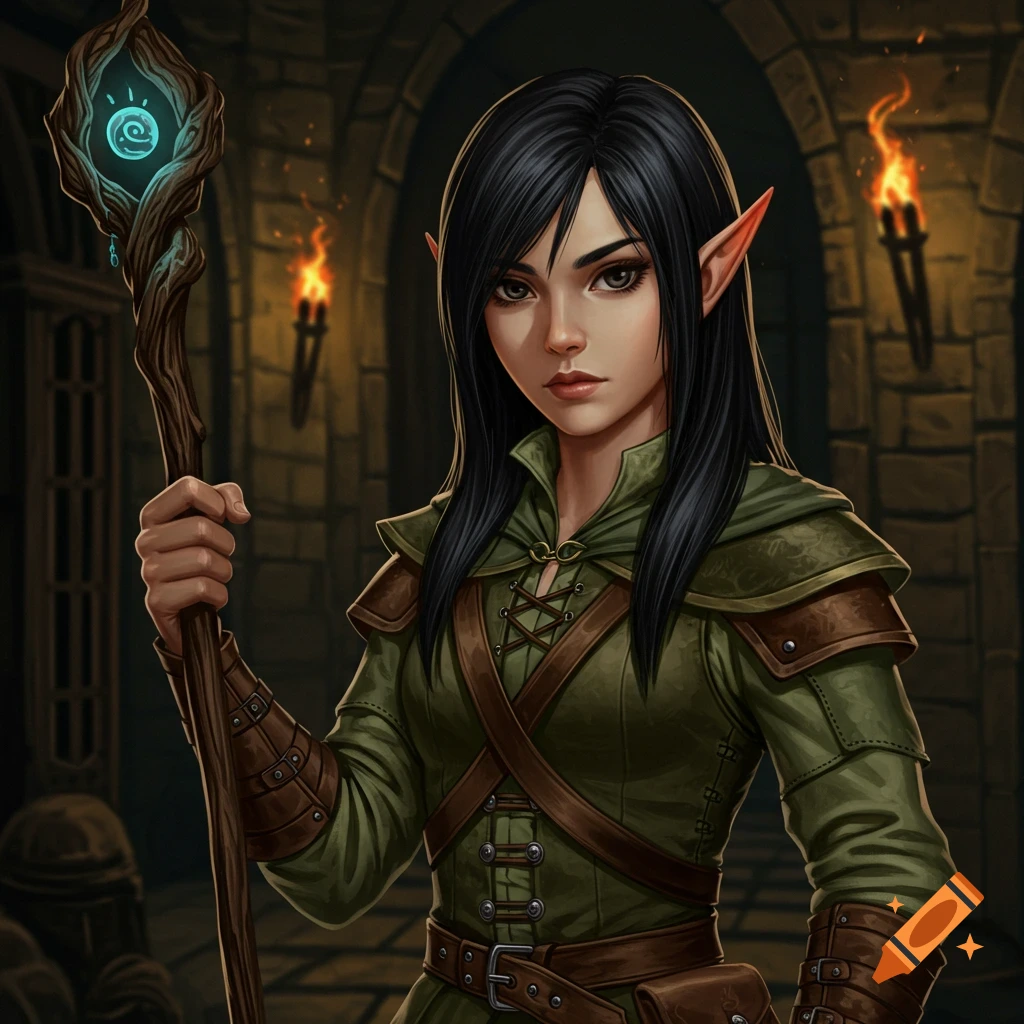 A dark-haired elf girl holding a glowing staff in a dungeon.