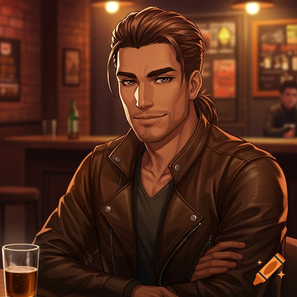 A handsome man with a ponytail and leather jacket sits smiling in a bar in an anime style.