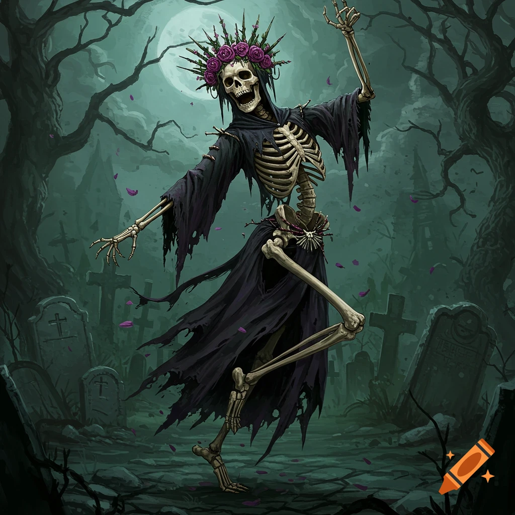 A dancing skeleton in a graveyard at night.