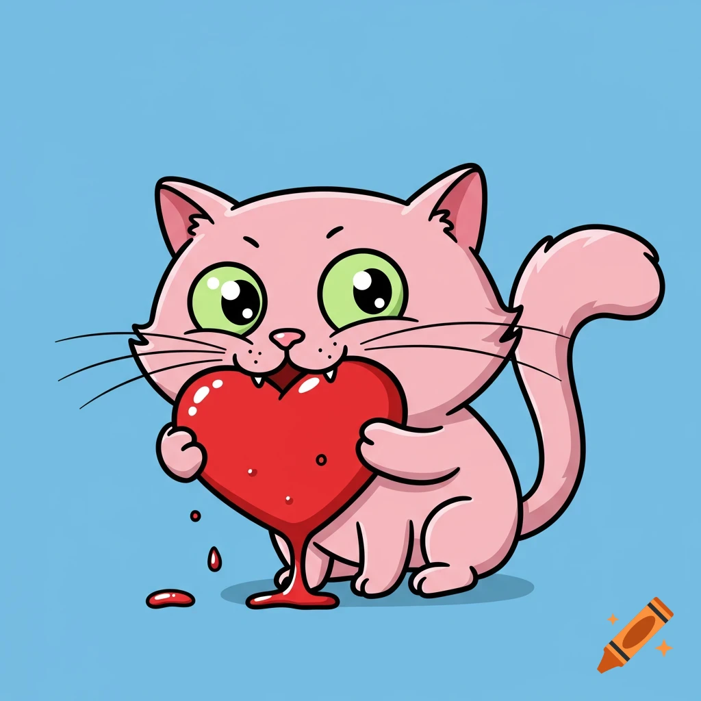 Cartoon pink cat chewing on a dripping red heart