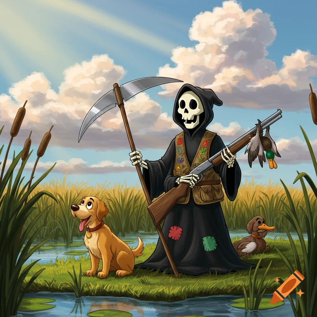 Cartoon grim reaper hunting ducks with a dog in a marsh