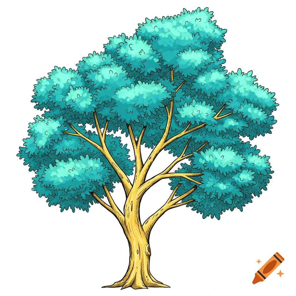 A stylized illustration of a tree with a yellow trunk and aqua marine leaves.