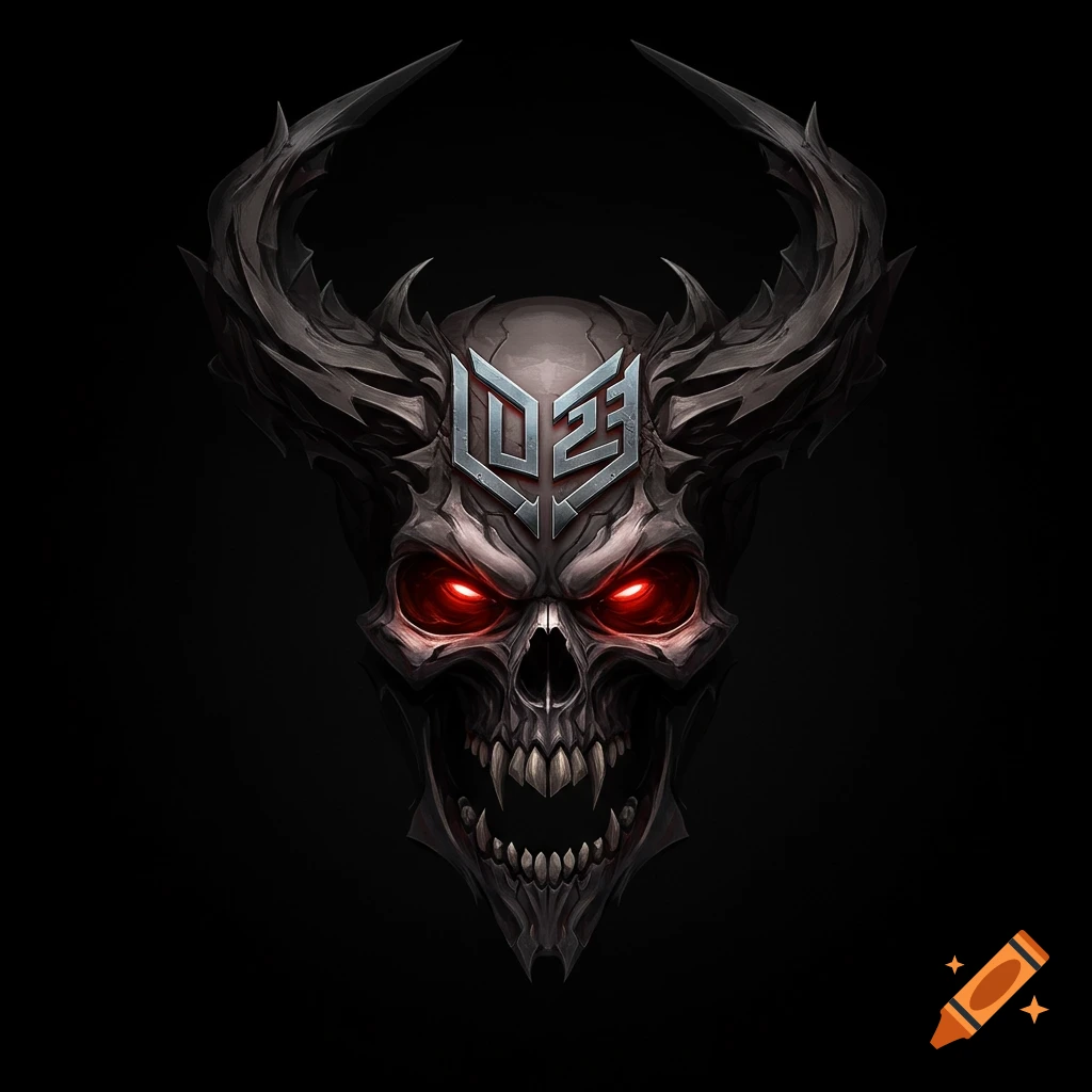 A demonic skull with horns, glowing red eyes, and a logo on its forehead.