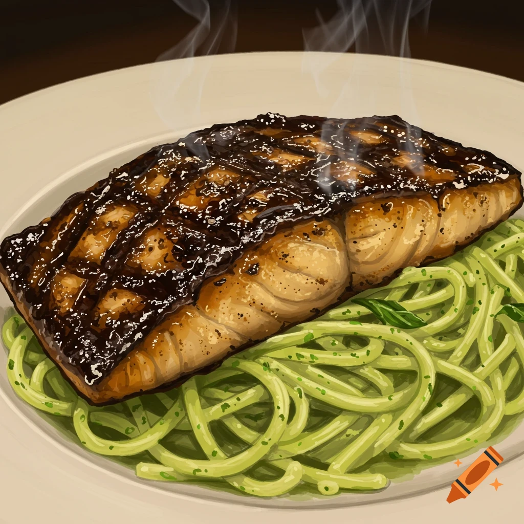 Blackened fish served over green pasta on a plate.