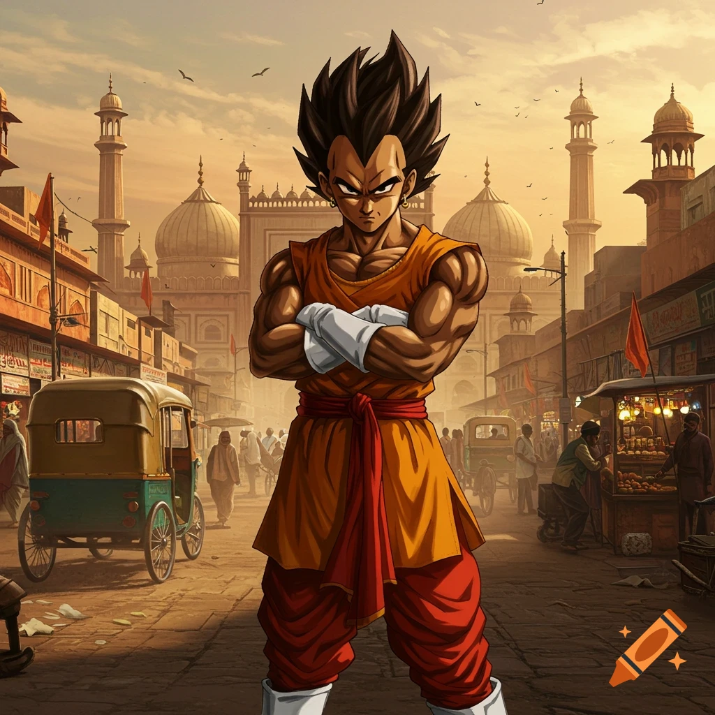 Anime character Vegeta stands in a street in New Delhi.