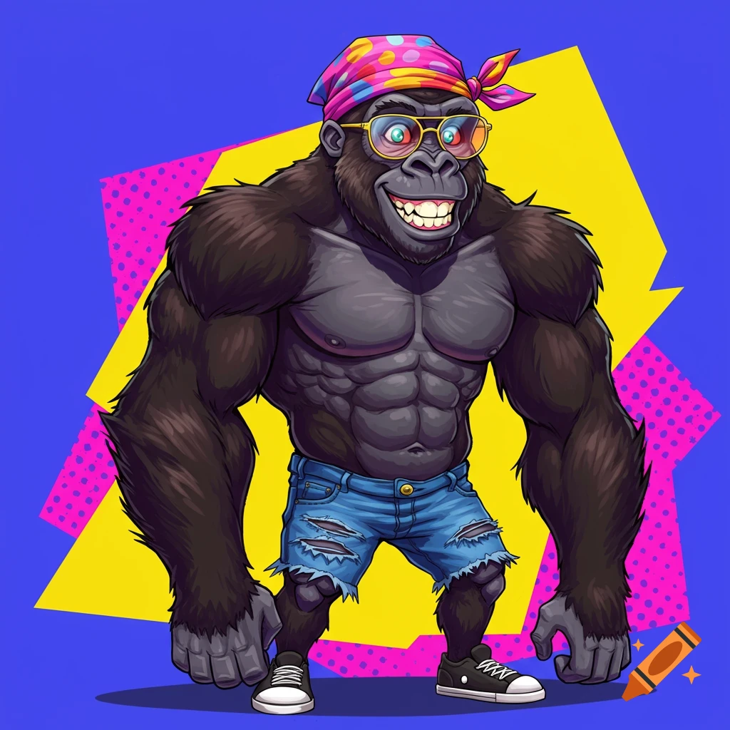 A muscular cartoon gorilla wearing sunglasses, ripped jeans, and a bandana, stands against a colorful geometric background.