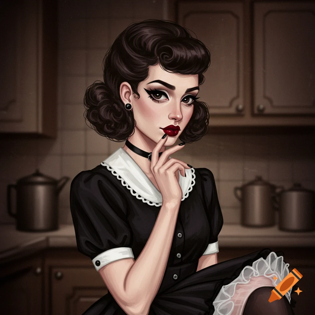 A woman with a 1950s updo and goth makeup, wearing a black dress with a white collar, posing in a kitchen.