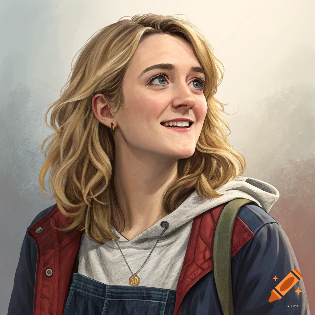 A smiling blonde woman looking up, wearing a hoodie under a jacket and overalls.