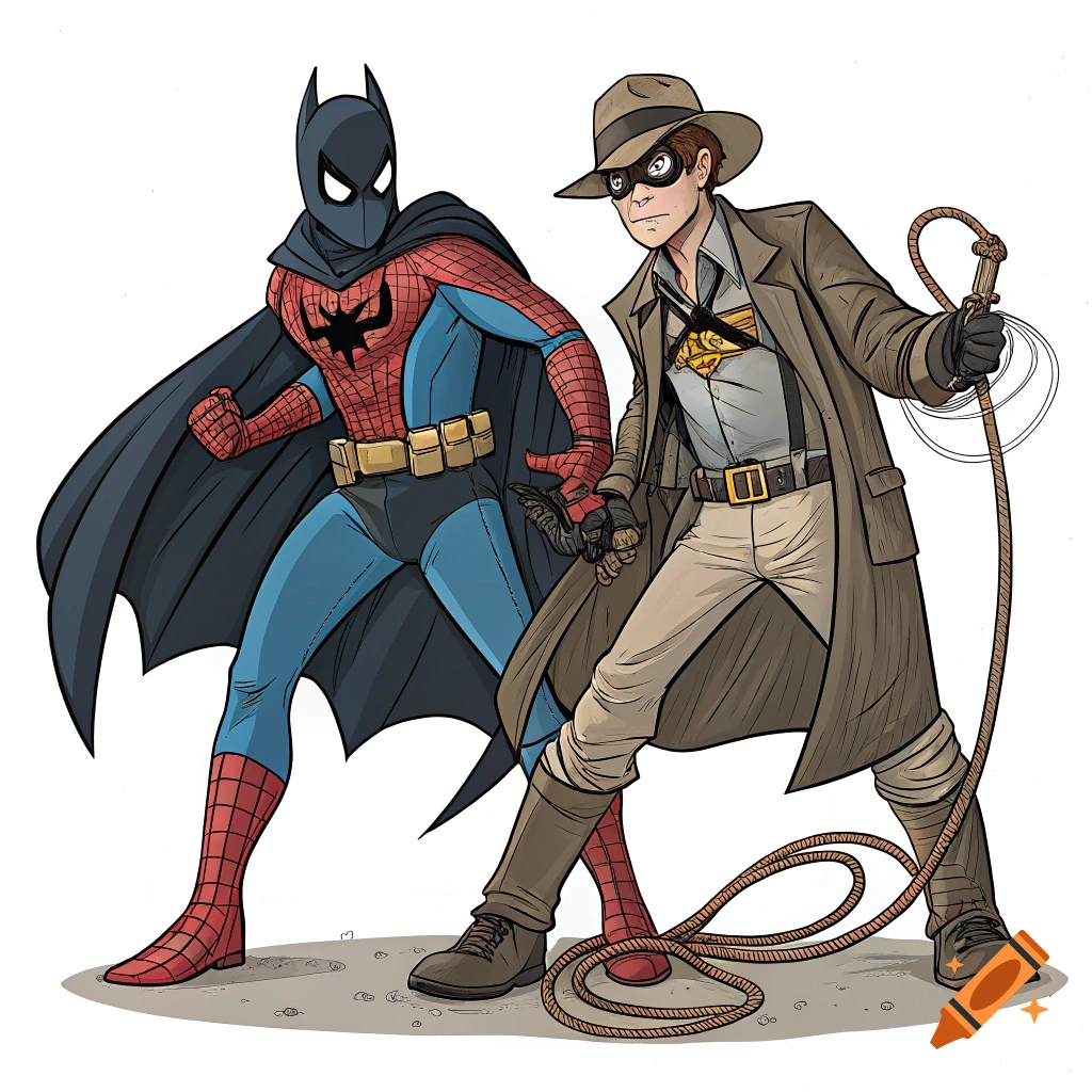 Cartoon illustration of two characters combining elements of Batman, Spider-Man, and Indiana Jones.