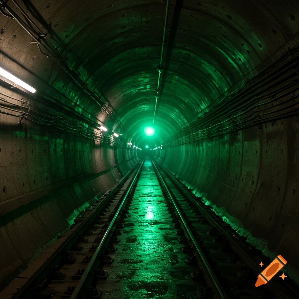 View down a dark train tunnel with tracks leading to a bright green light.