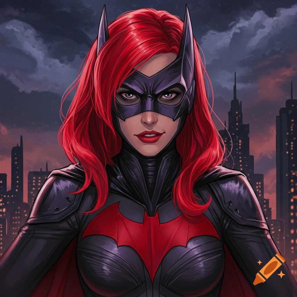 Batwoman portrait against a city skyline.
