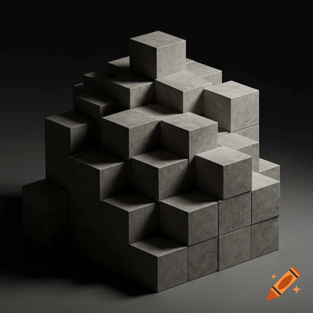 A structure built from stacked grey cubes in a dark room