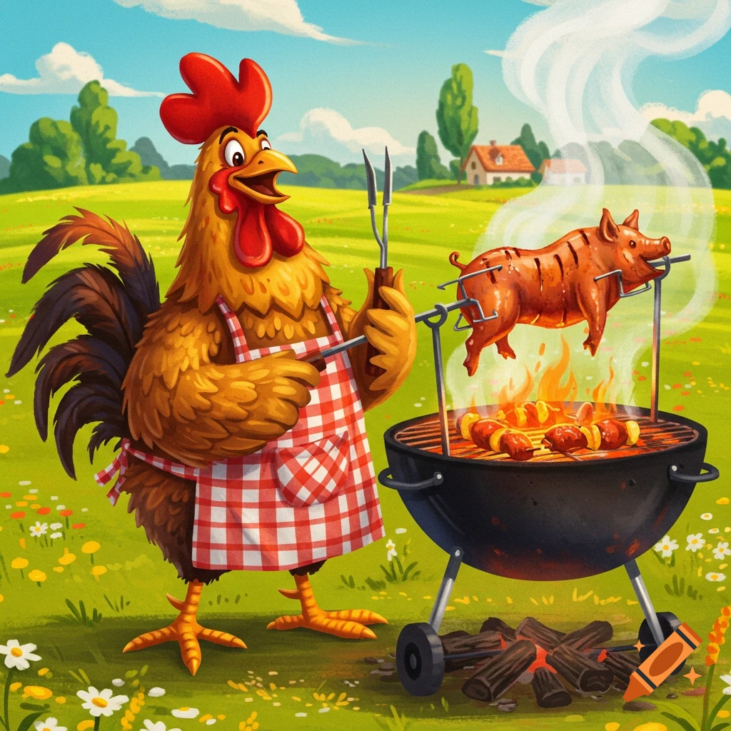 A cartoon rooster in an apron grilling a pig and skewers on a BBQ.