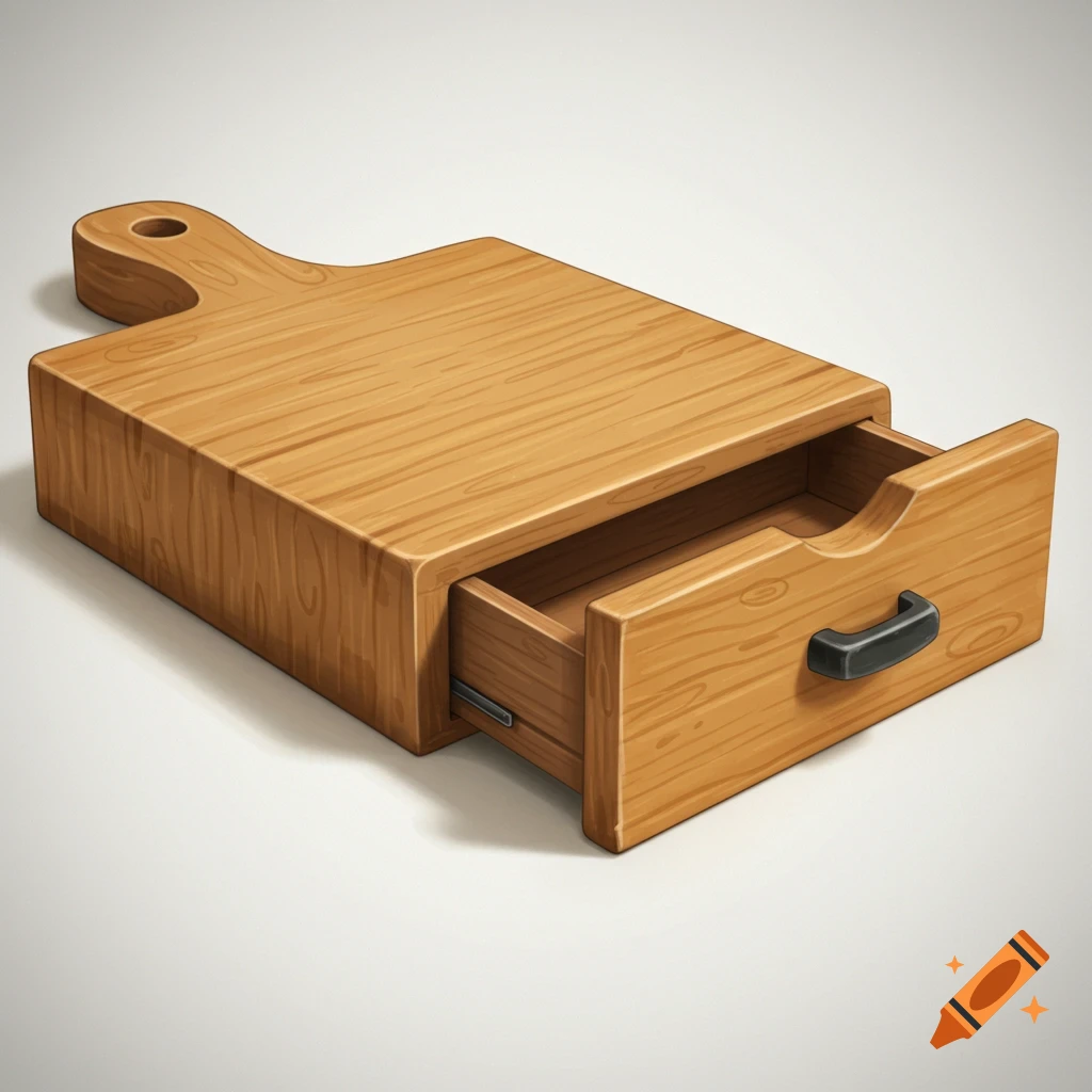 A wooden cutting board with an open drawer