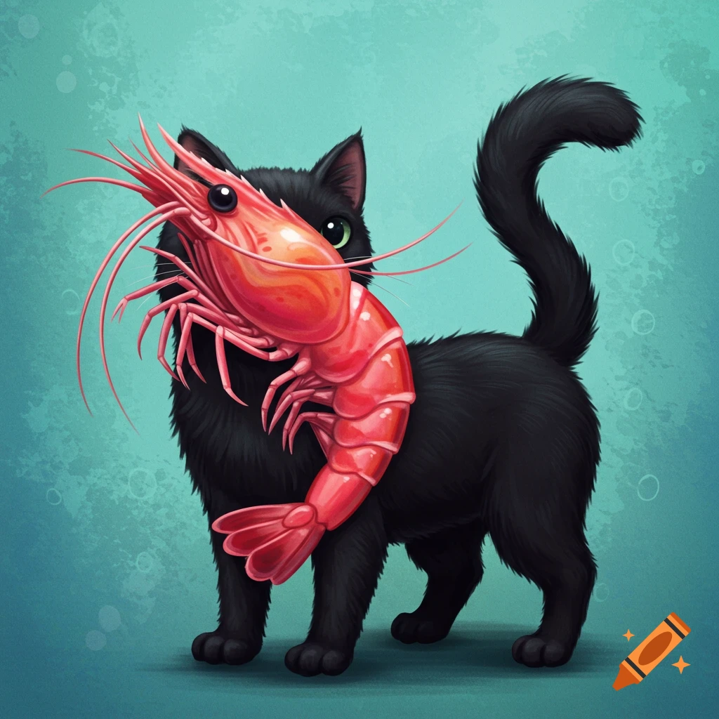 A black cat holds a large pink shrimp.