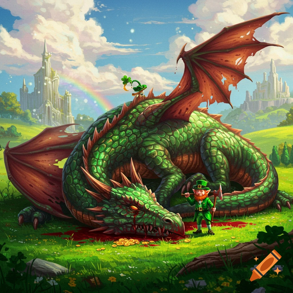 A leprechaun stands triumphantly over a slain green dragon spilling gold coins, set in a fantasy landscape with castles and a rainbow.