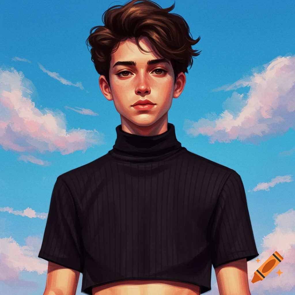 A portrait of a young person in a black crop top against a blue sky with clouds.