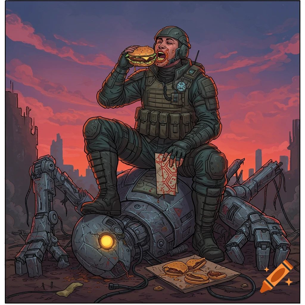 A soldier eats a burger atop a broken robot in a ruined city at sunset.