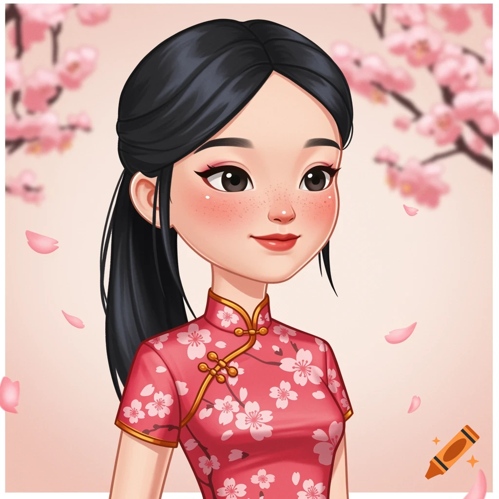 Cartoon avatar of an Asian woman in a pink qipao with cherry blossoms