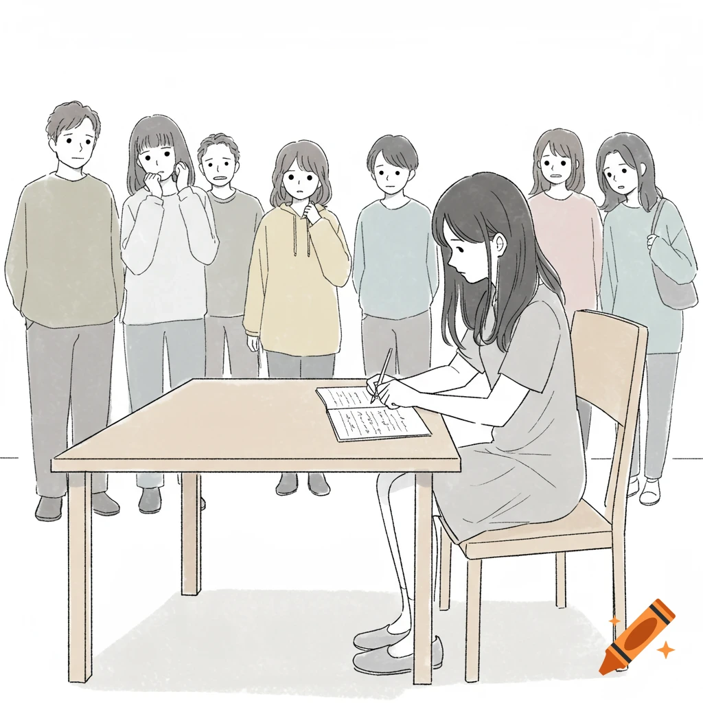 Simple line drawing of a woman writing at a table while several people stand behind her, watching.