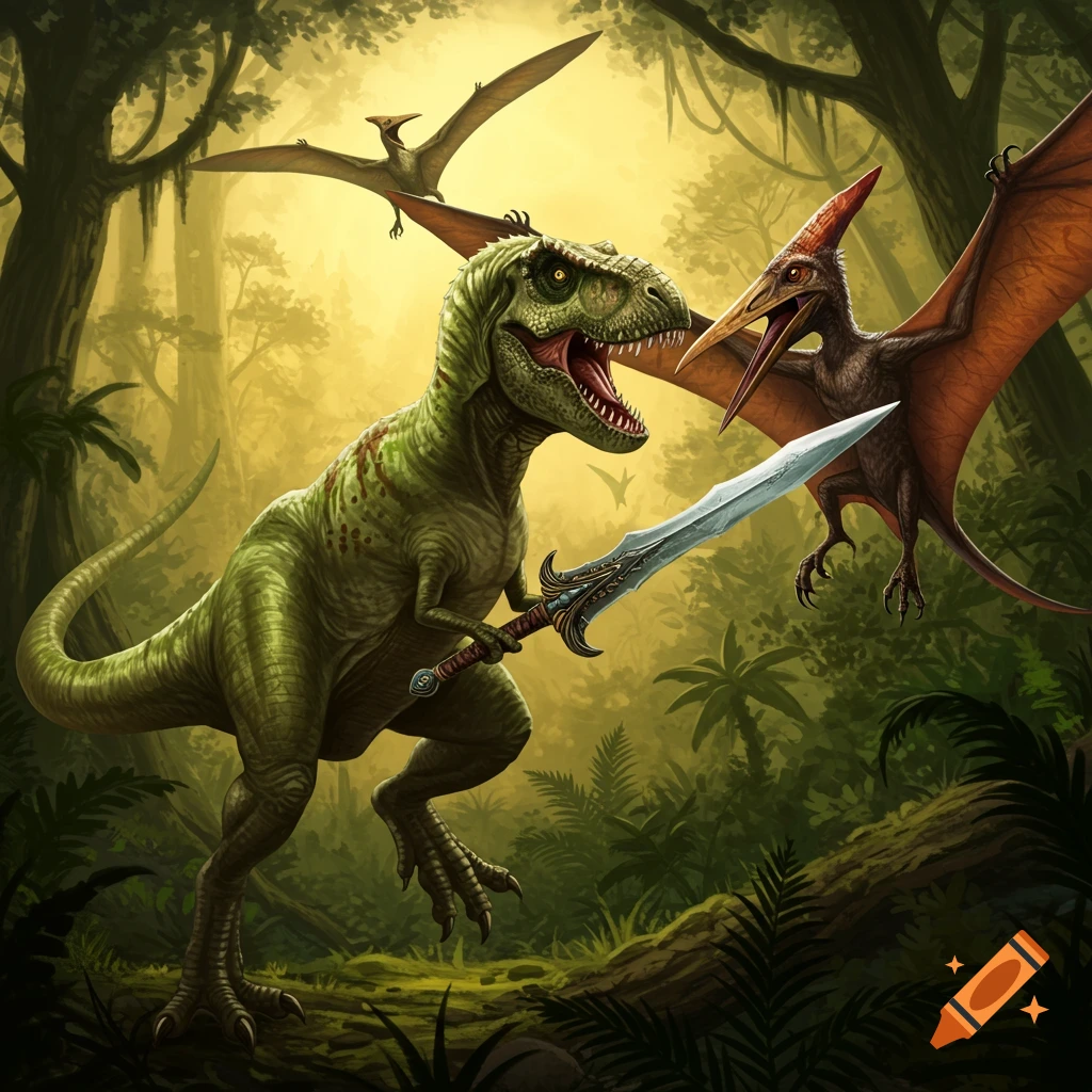 A T-Rex swordfighting a pterodactyl in a prehistoric jungle.