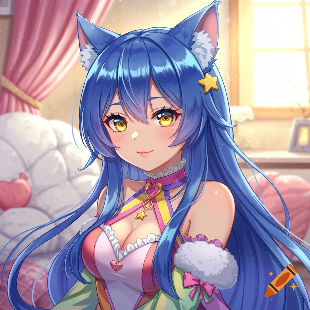Anime portrait of a cute neko girl with blue hair and golden eyes in a colorful room.