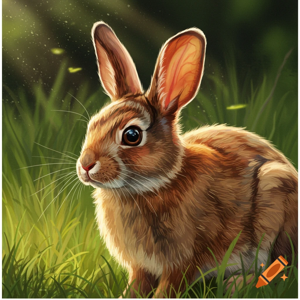 A brown rabbit sitting in tall green grass with sunlight filtering through.