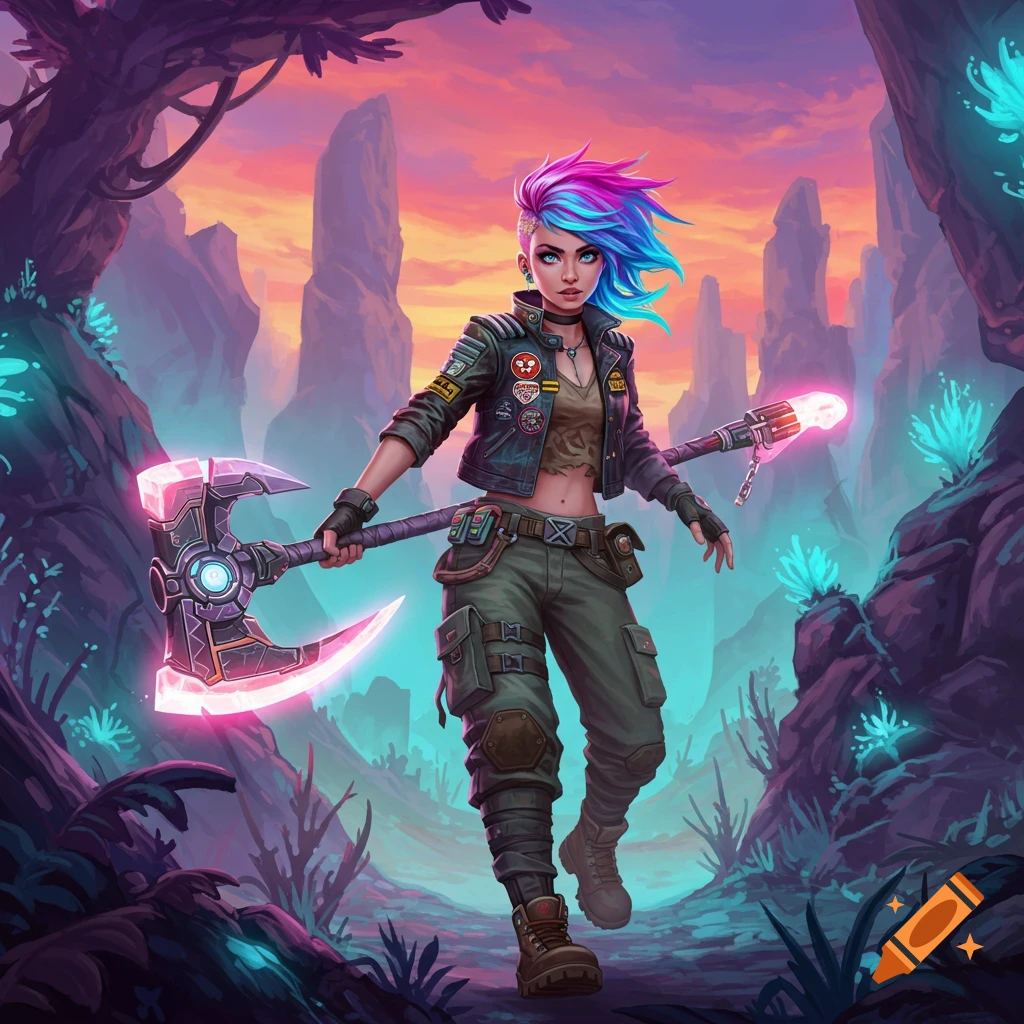 A woman with colorful hair holds a glowing axe in a fantasy landscape.