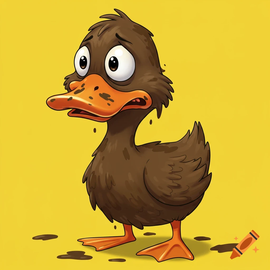 A cartoon muddy brown duck looks scared against a yellow background.