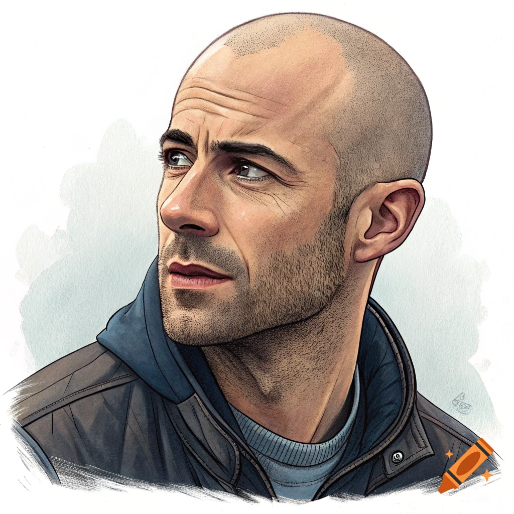 Watercolor portrait of a bald man in a jacket looking to the side