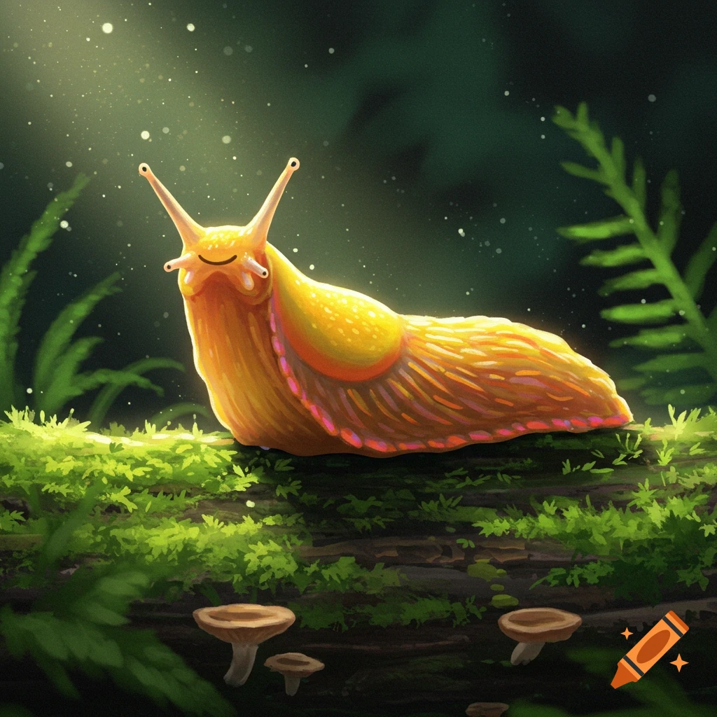 A bright yellow banana slug smiles on a mossy log in a forest.