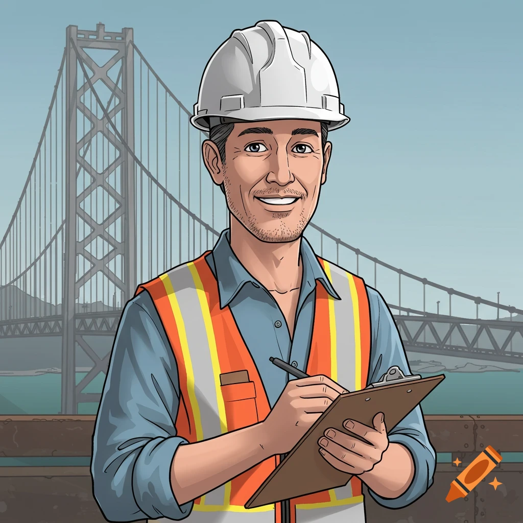 Cartoon illustration of an engineer in a hard hat and safety vest holding a clipboard in front of the San Francisco Bay Bridge.