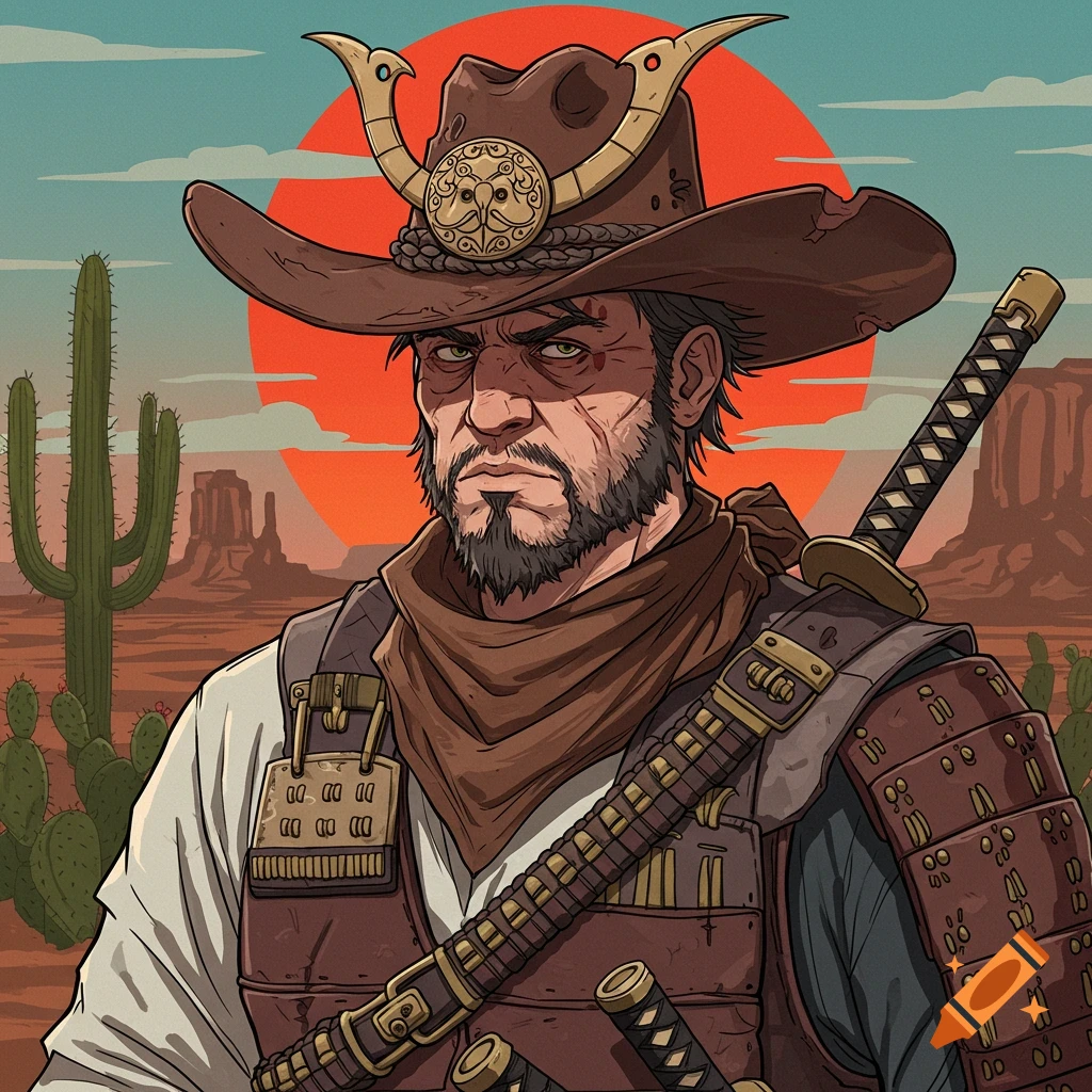 A cowboy samurai stands in a desert landscape.