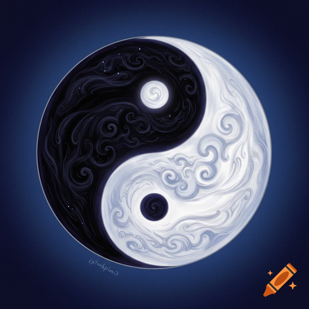 A Yin Yang symbol filled with swirling clouds and stars on a blue background.