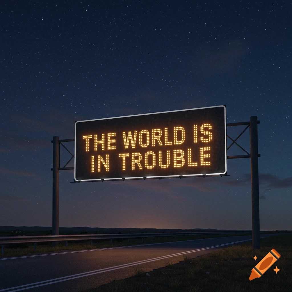Highway sign displaying 'THE WORLD IS IN TROUBLE' at night