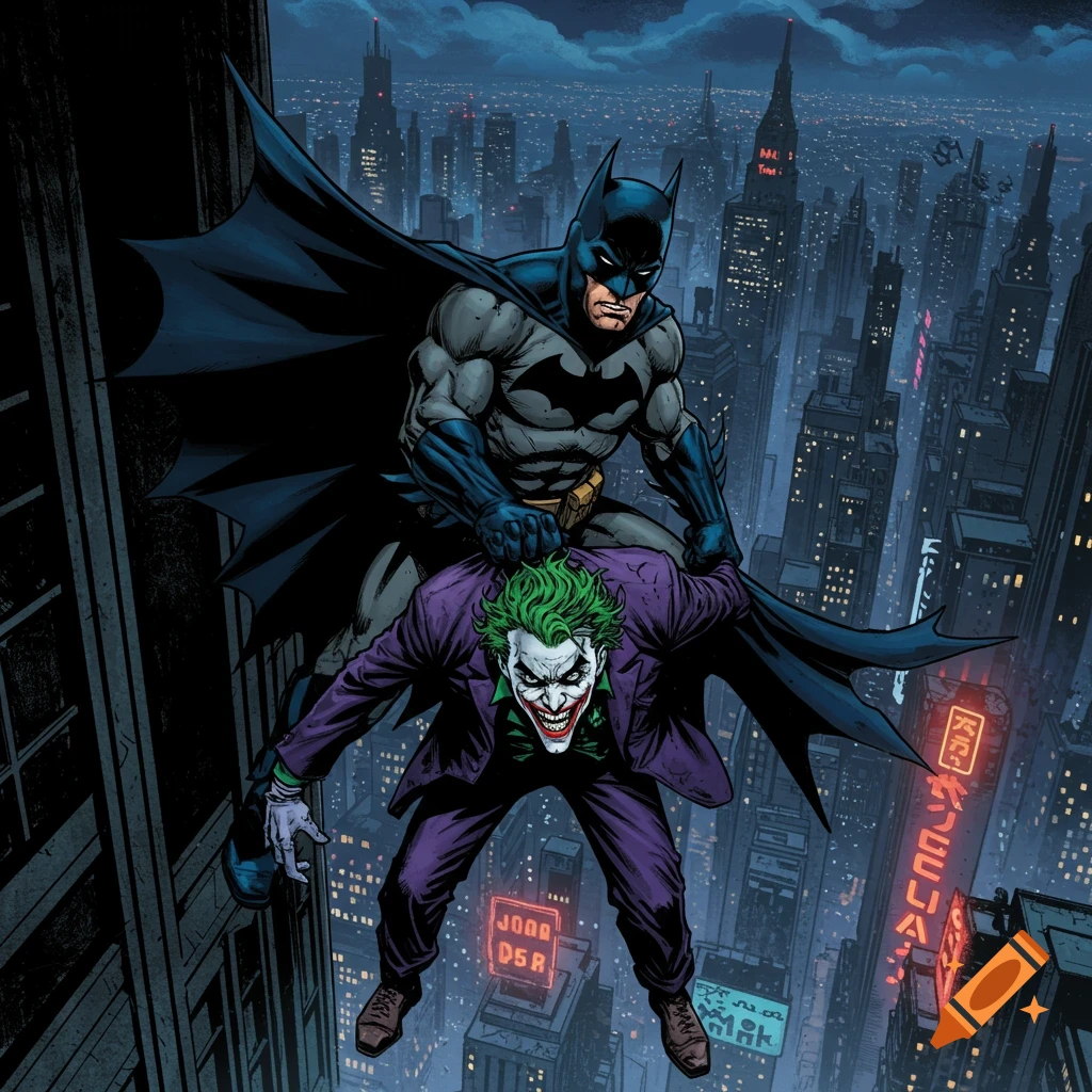 Batman holds Joker over a building ledge overlooking a city at night.