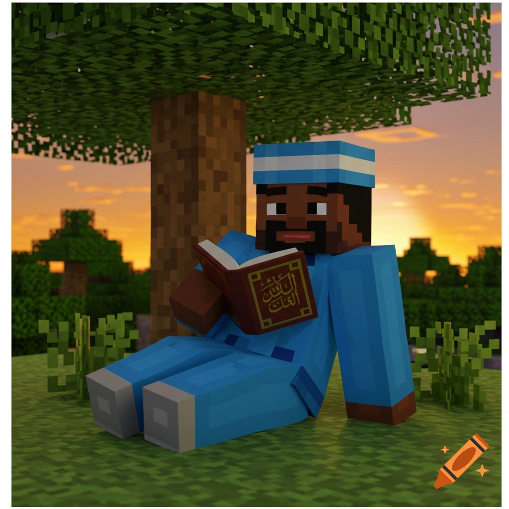 Minecraft character reads book under tree at sunset